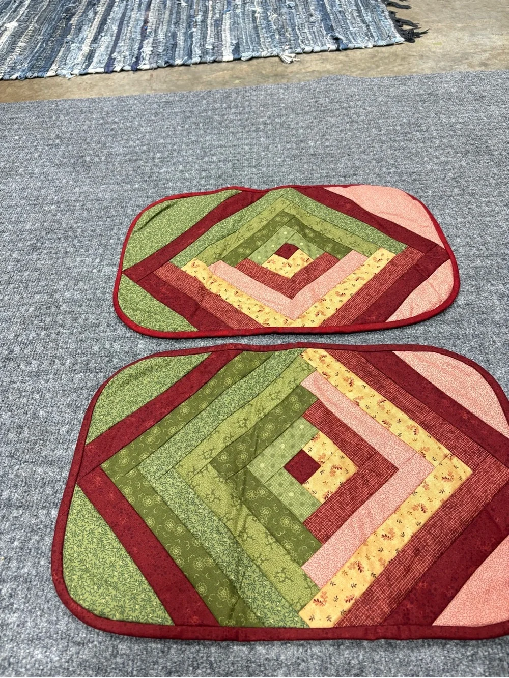 Hand Crafted Log Cabin Design Quilted Placemat Pair